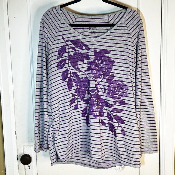 Women's Plus Size Purple and Gray Long Sleeve Floral Print V-Neck Size 1X - Picture 1 of 5
